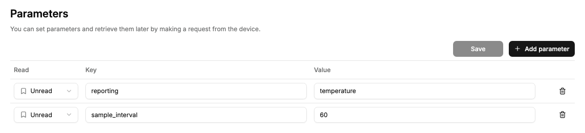 Device parameters defining temperature reporting and a 60-second sampling interval