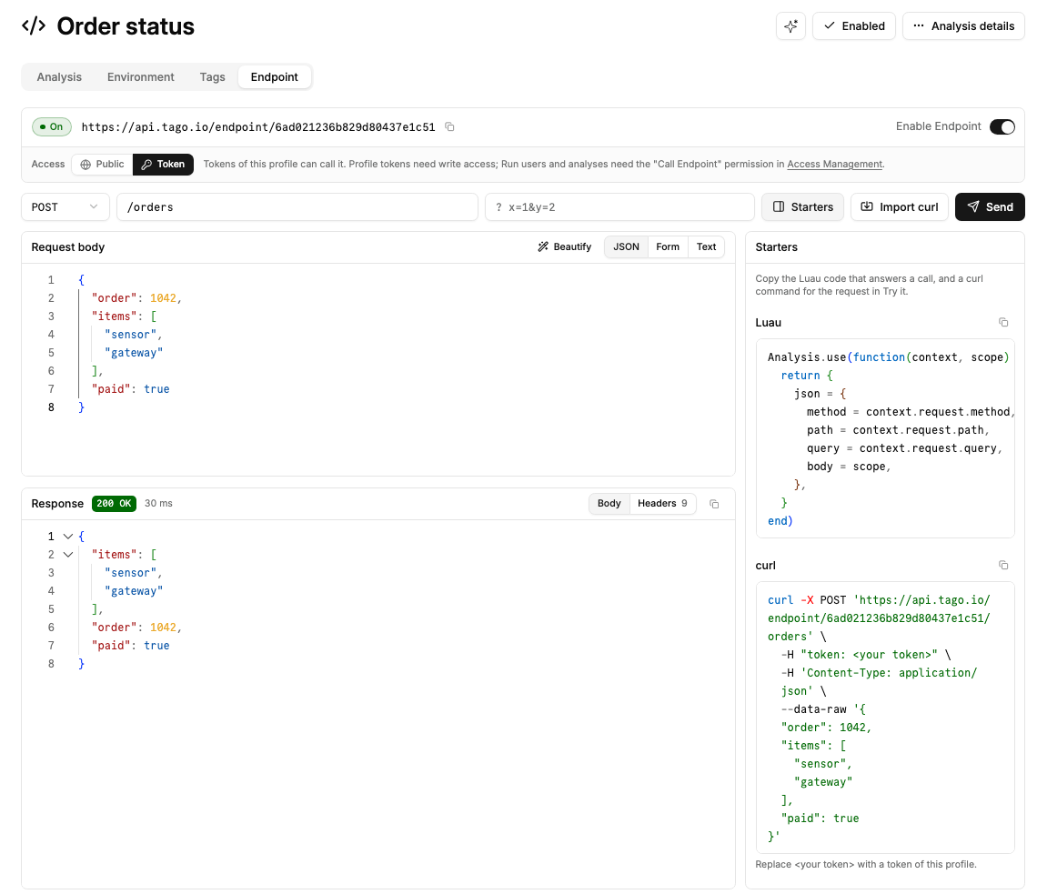 Desktop Endpoint tab with the Starters side panel showing Luau and a curl command with a token placeholder