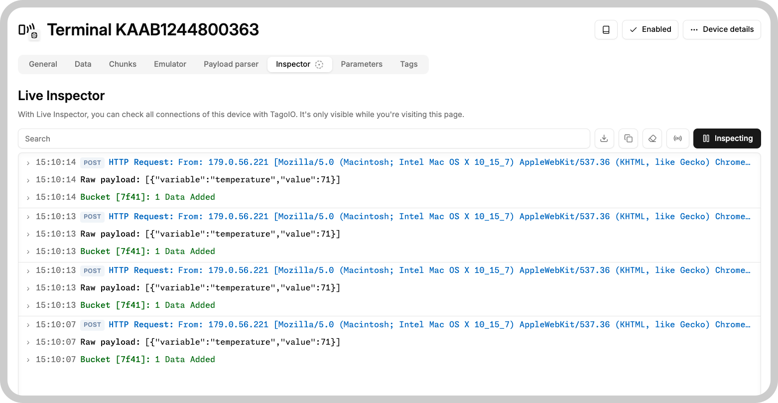 Device page showing the Live Inspector tab highlighted