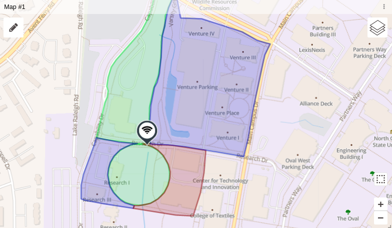 Map example showing colored geofences on a map
