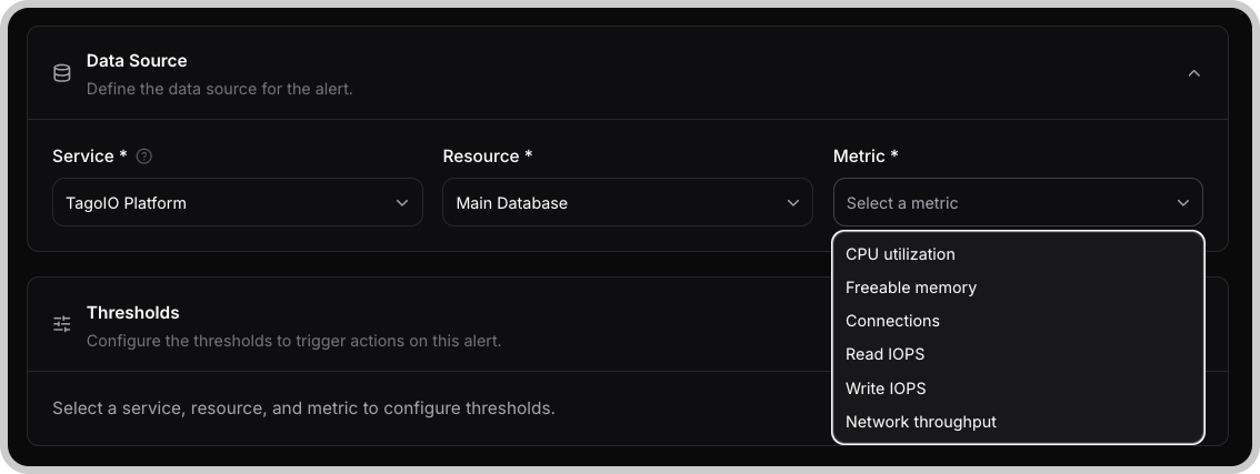 Alert rule Data Source section with the Metric dropdown open for the Main Database resource