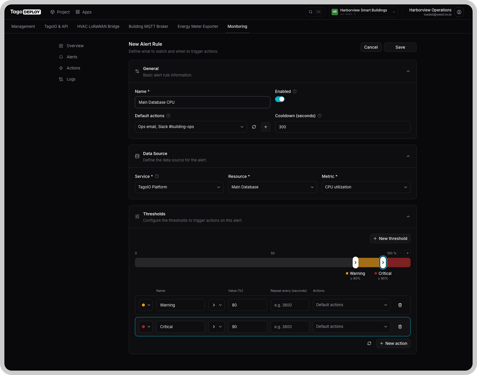 Alert rule form with the Warning and Critical thresholds on the slider