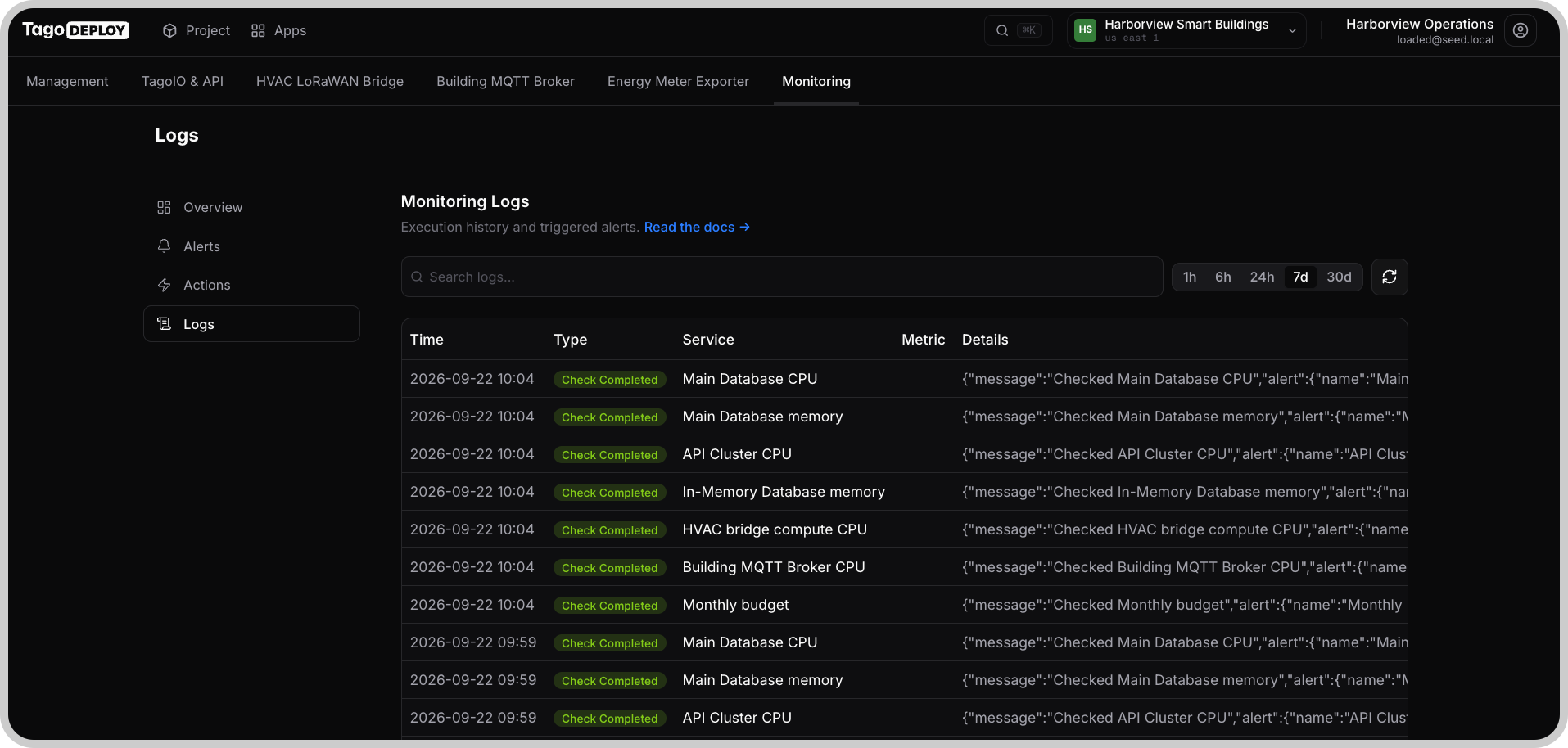 Monitoring Logs page listing Check Completed entries with time, type, service, and details columns