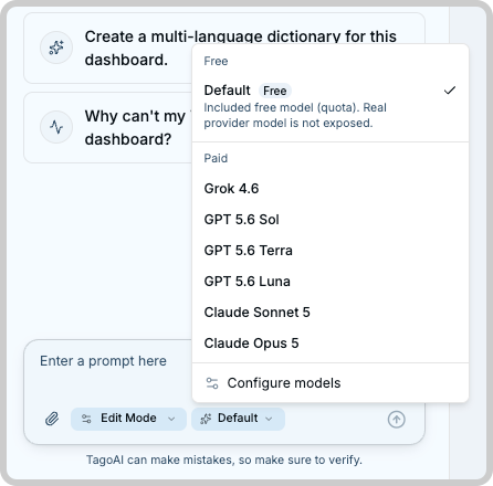 Model picker in the TagoAI chat listing the free Default model and paid models