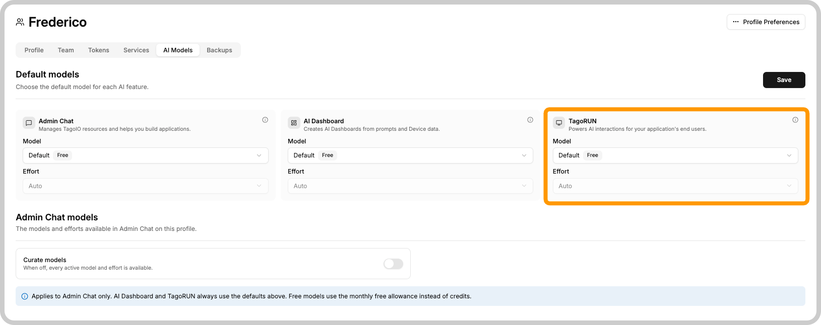 Profile AI Models tab with the TagoRUN default model card highlighted