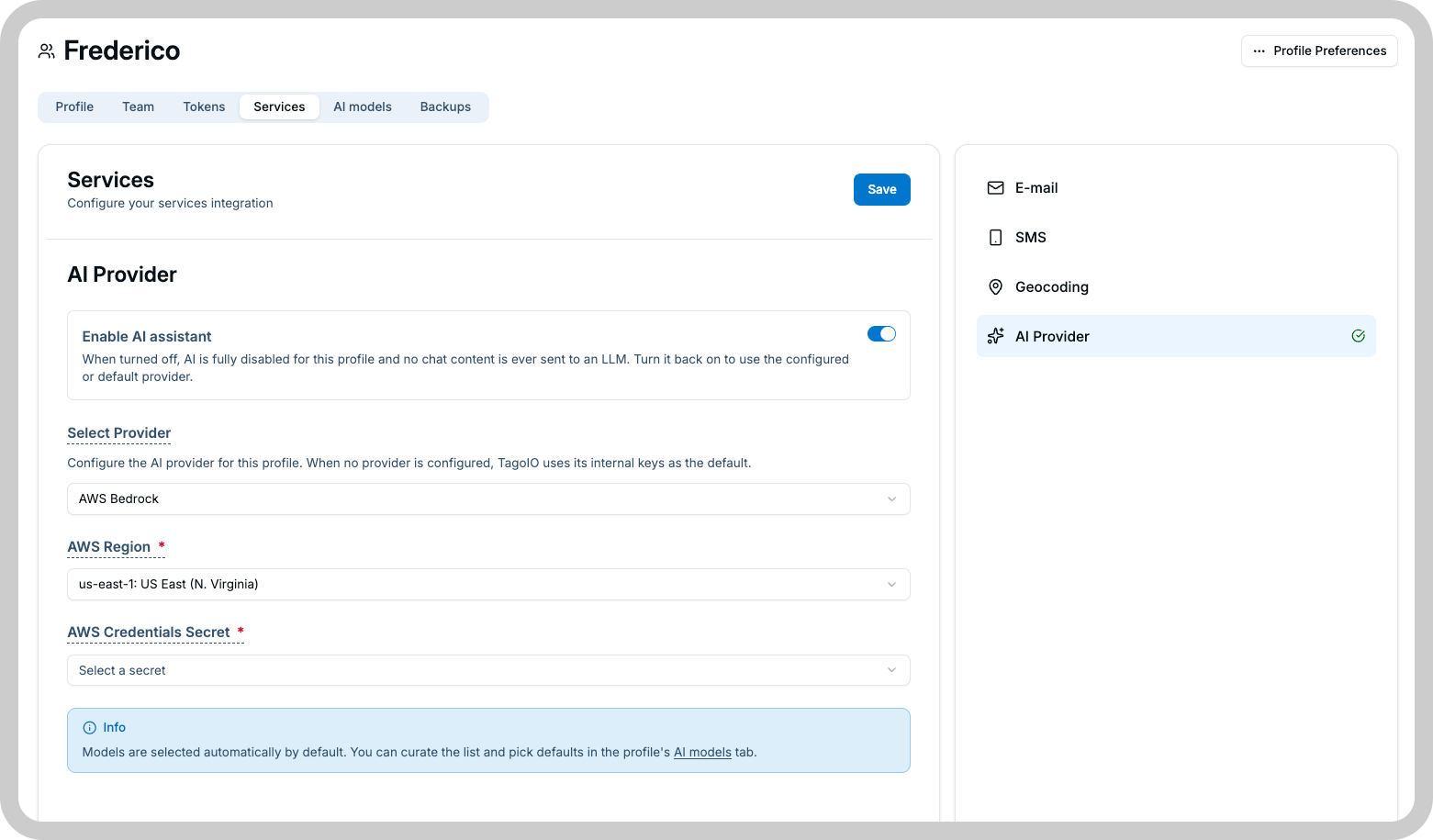 AI Provider service settings with the AI assistant toggle and provider credentials