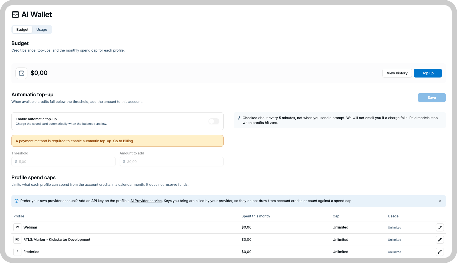 AI Wallet Budget tab with the credit balance, automatic top-up settings, and profile spend caps
