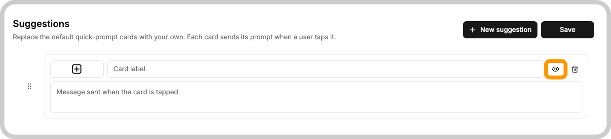 Suggestion card in the AI Chat settings with the visibility button highlighted