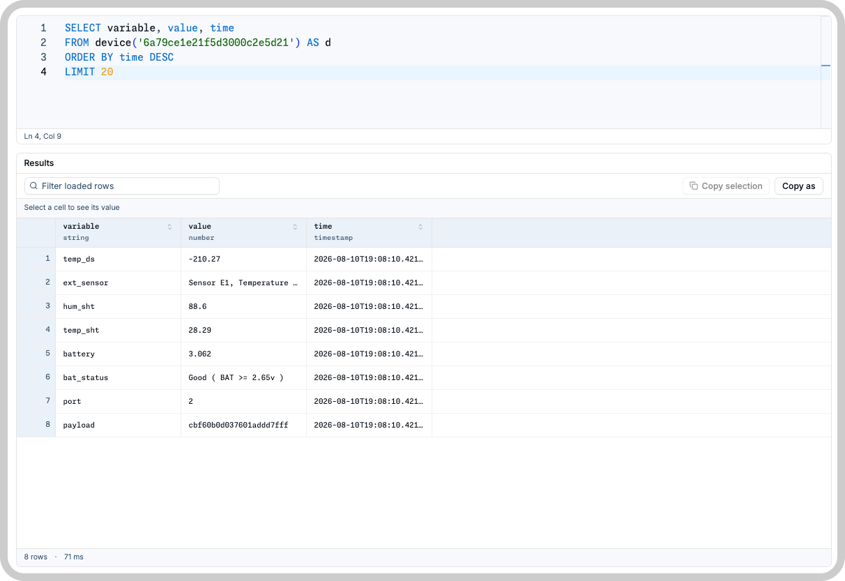 The first recipe in the editor with its result rows below