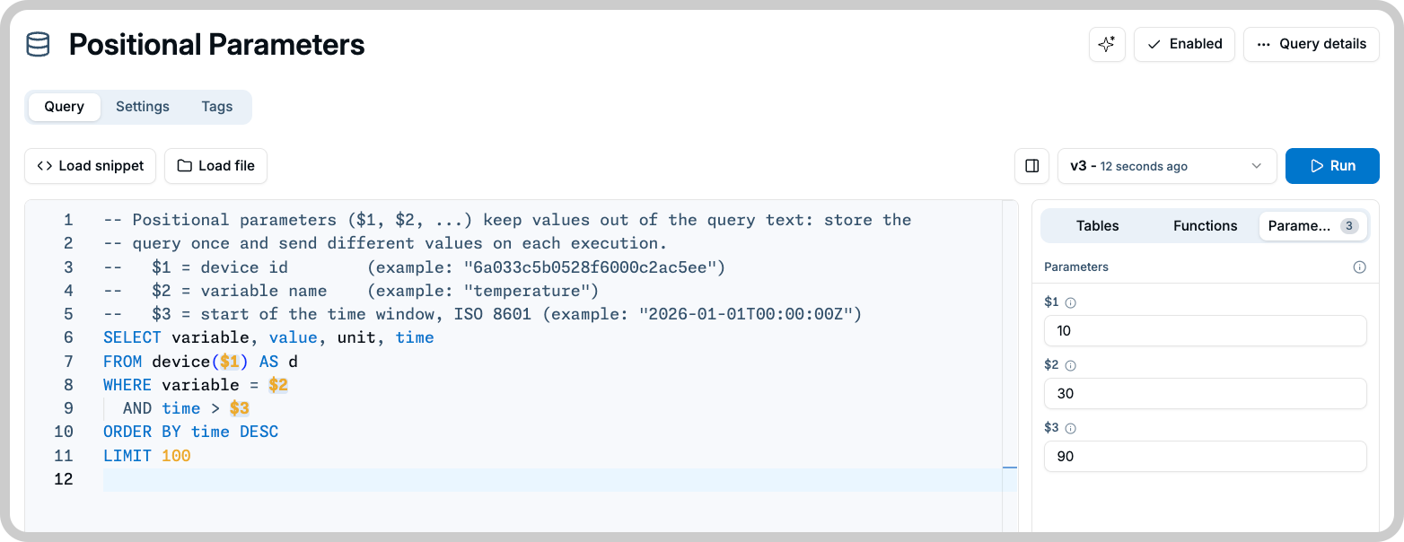 A query using $1, $2, and $3 with values supplied in the Parameters panel