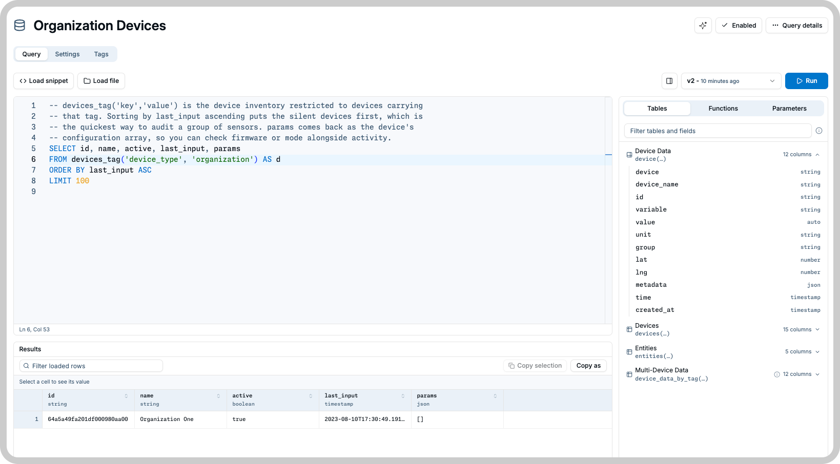 TagoSQL query editor with the Tables panel and the results grid