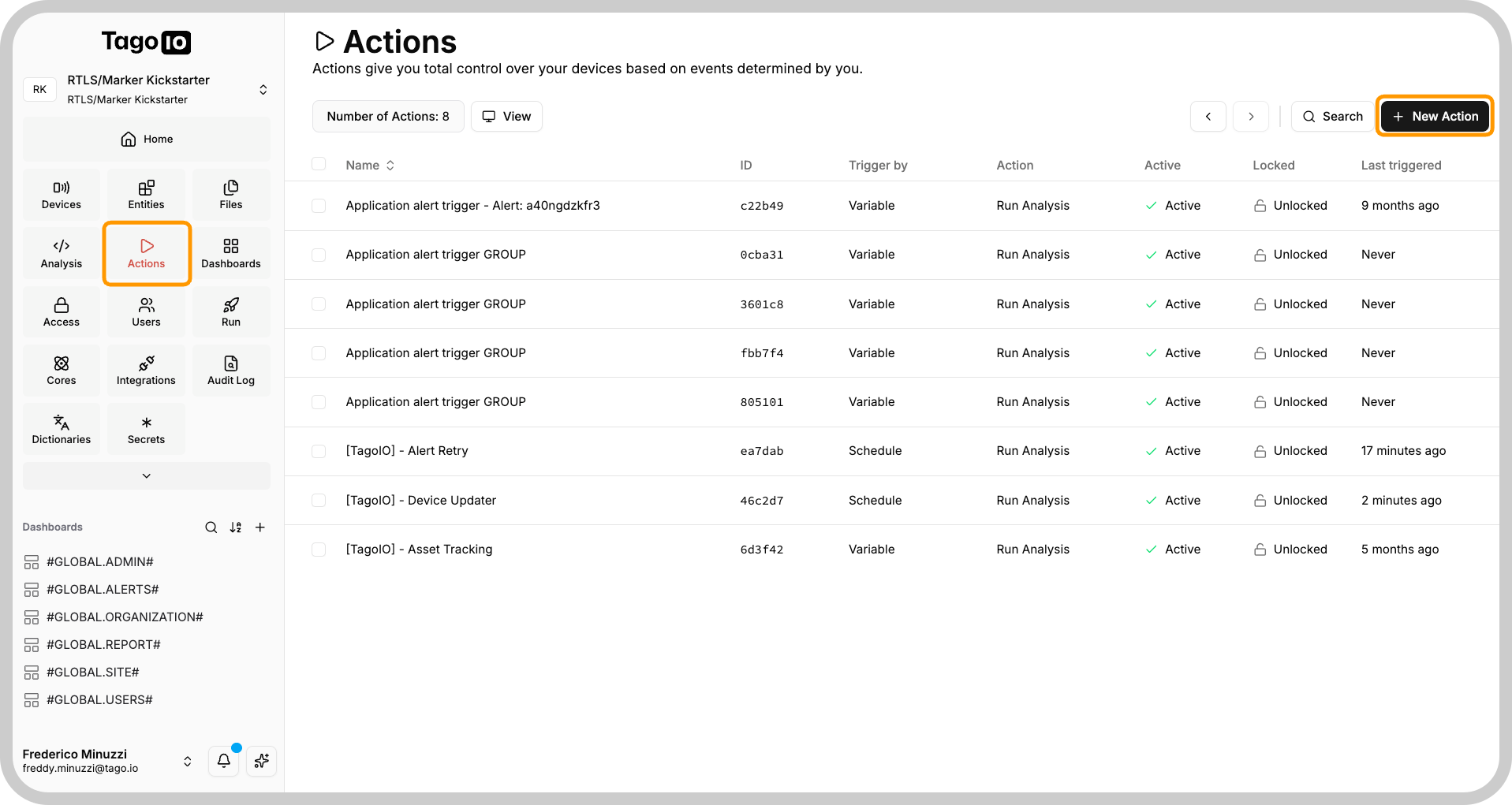 Actions screen showing the Add Action button and Actions list