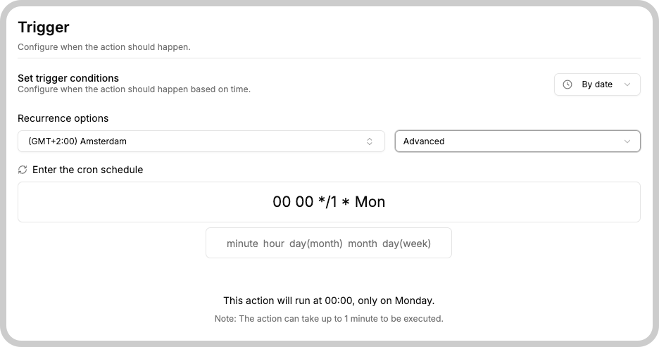 Recurrence options screenshot with cron fields and visual explanation