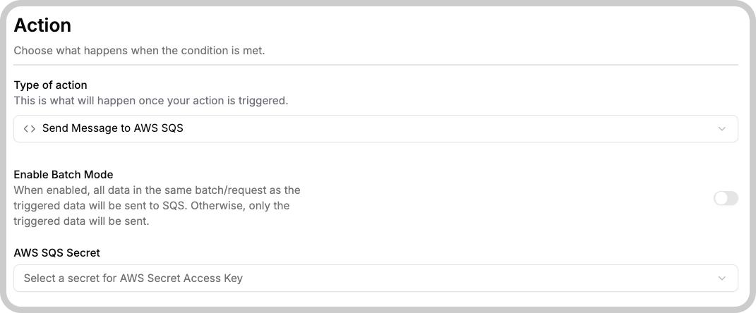 Send Message to AWS SQS action configuration