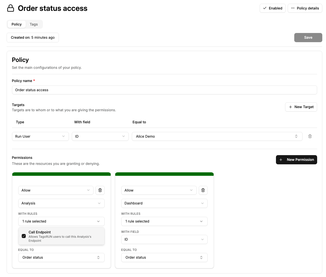 Access Management policy granting a Run user Call Endpoint for the Order status Analysis