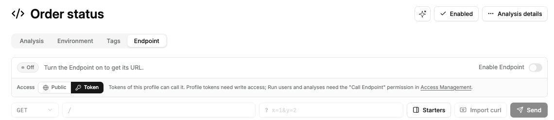 Endpoint tab with the Endpoint off and the request controls disabled