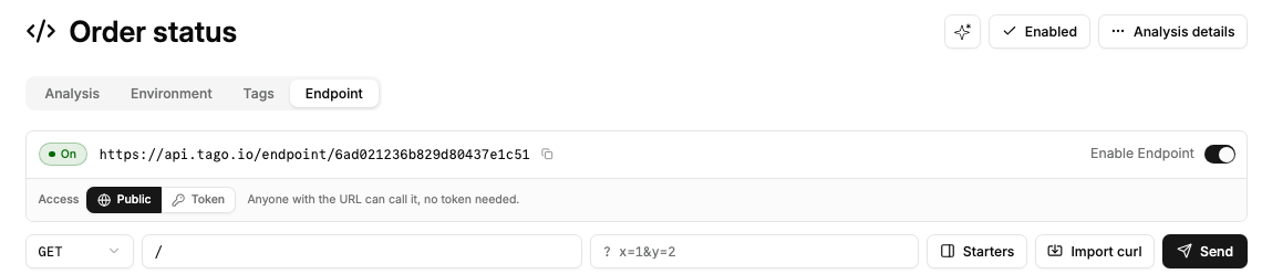 Endpoint on in Public mode, with the URL and its copy button