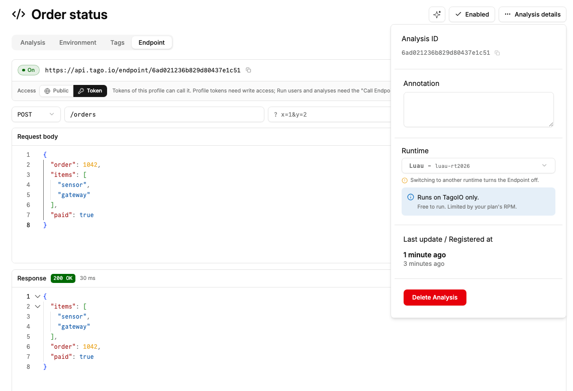 Analysis details showing the Luau runtime and the warning that switching runtimes turns the Endpoint off