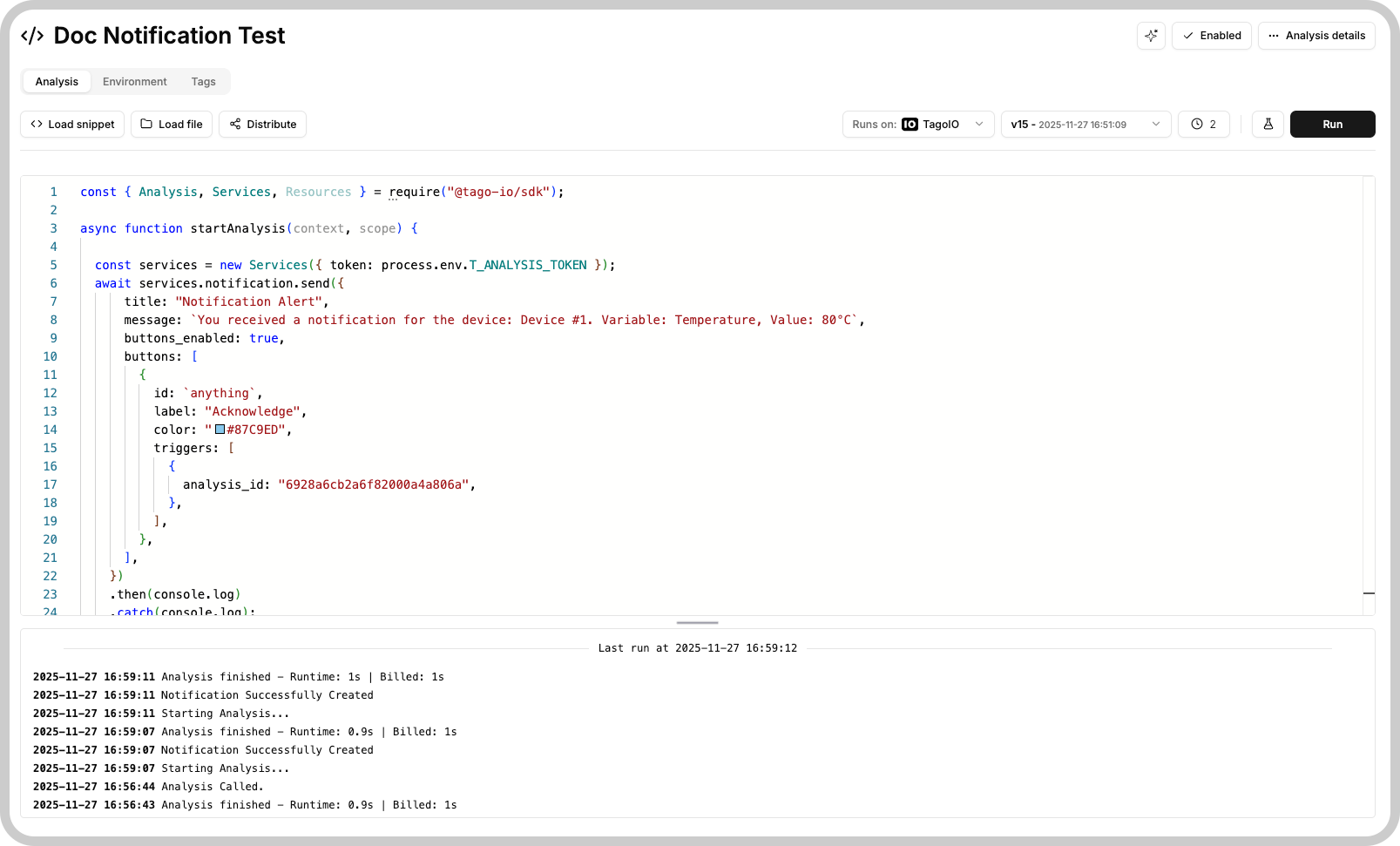 TagoIO Script Editor screenshot