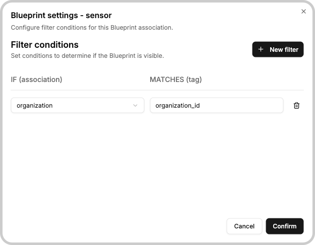 Filter conditions modal showing IF association organization MATCHES tag organization_id