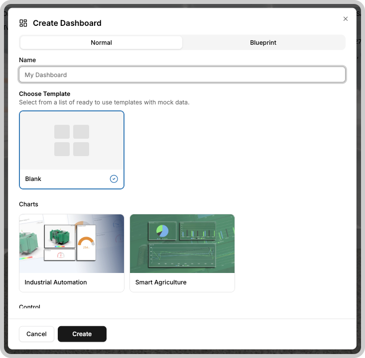 Dashboard creation interface