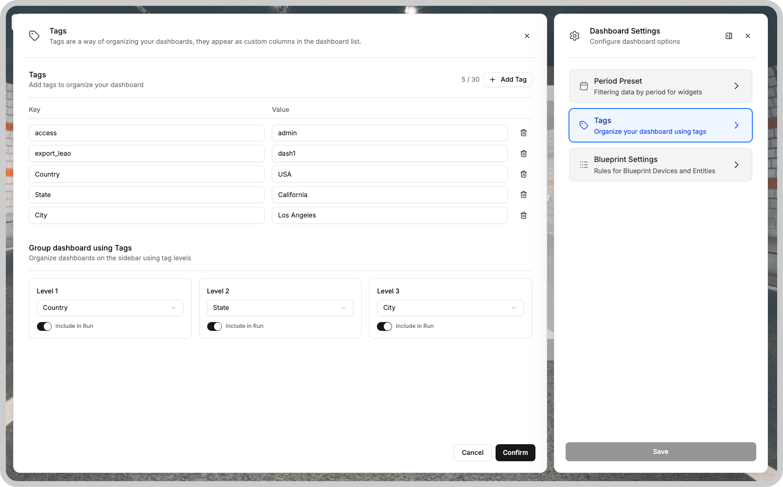 Group dashboards using Tags configuration (select keys for level 1, 2, 3 and include-in-Run-users toggles)