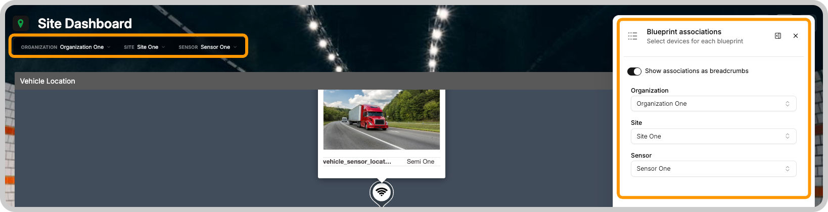 Blueprint device selector at the top of a dashboard