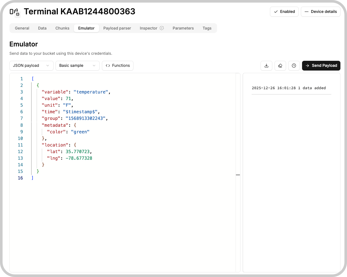 Device Emulator interface showing the Emulator tab, JSON payload editor, and a Send payload button