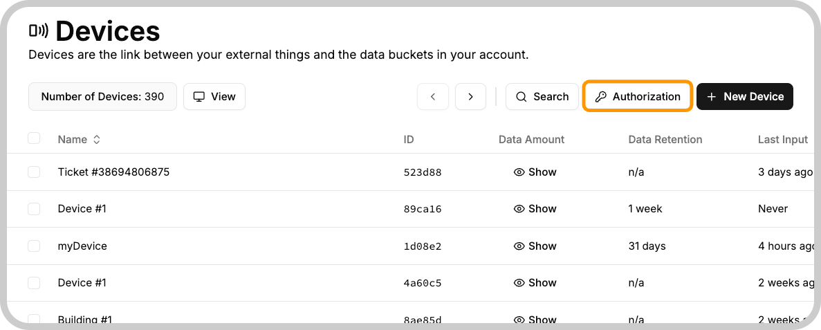 Devices list with Authorization button highlighted