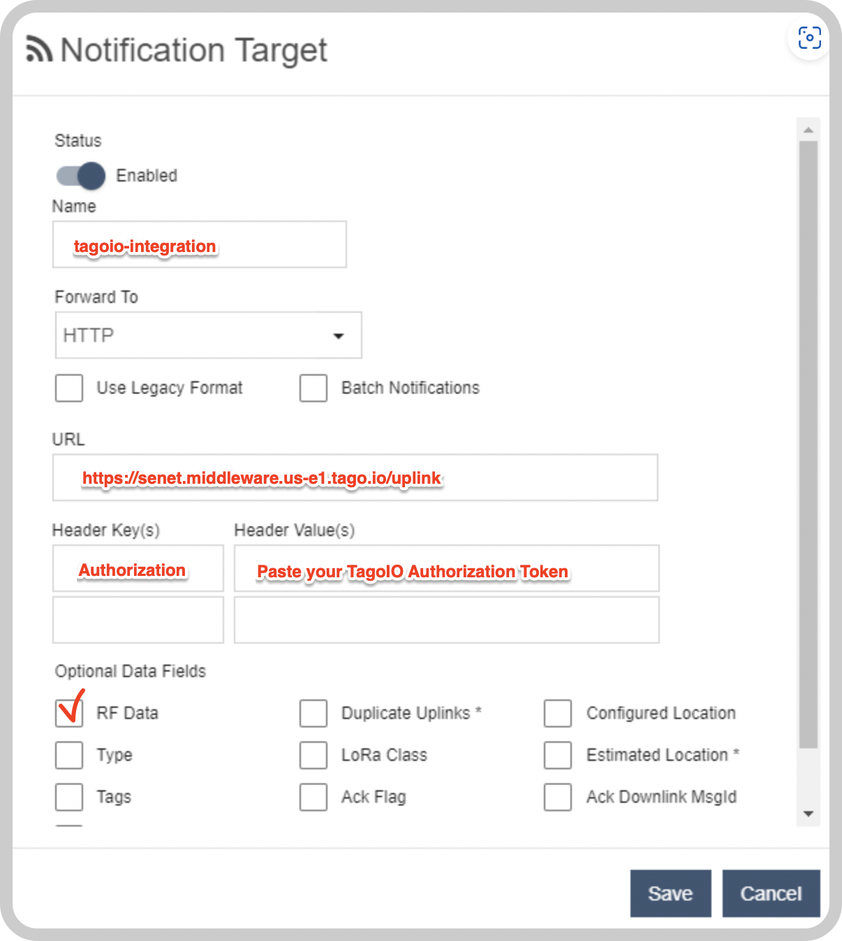 Notification Target configuration