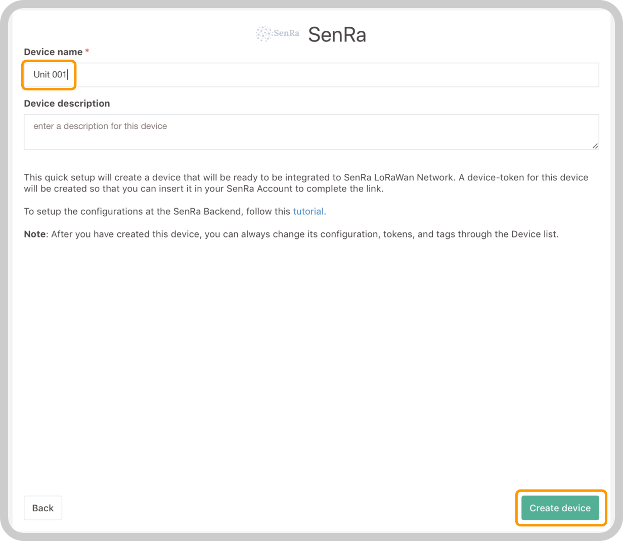senra device settings
