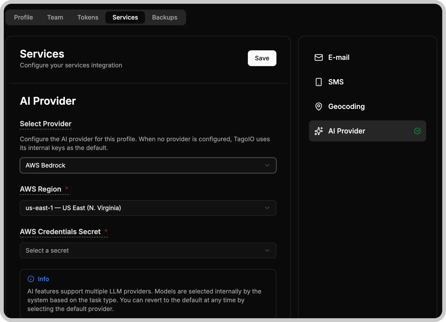 AI Provider configuration under Profile Settings › Services