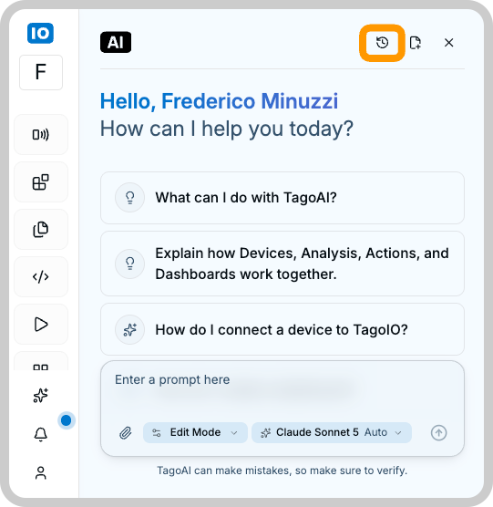 TagoAI chat panel with the chat history button highlighted
