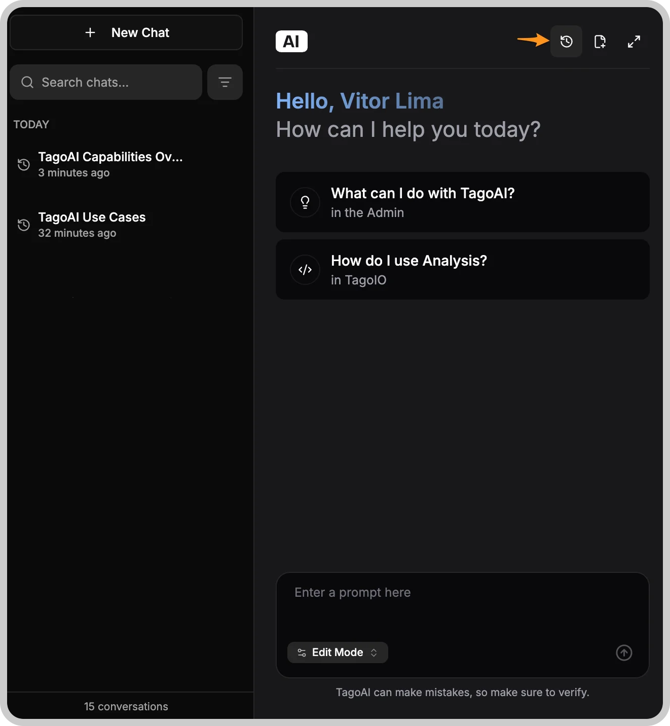 TagoAI chat history panel