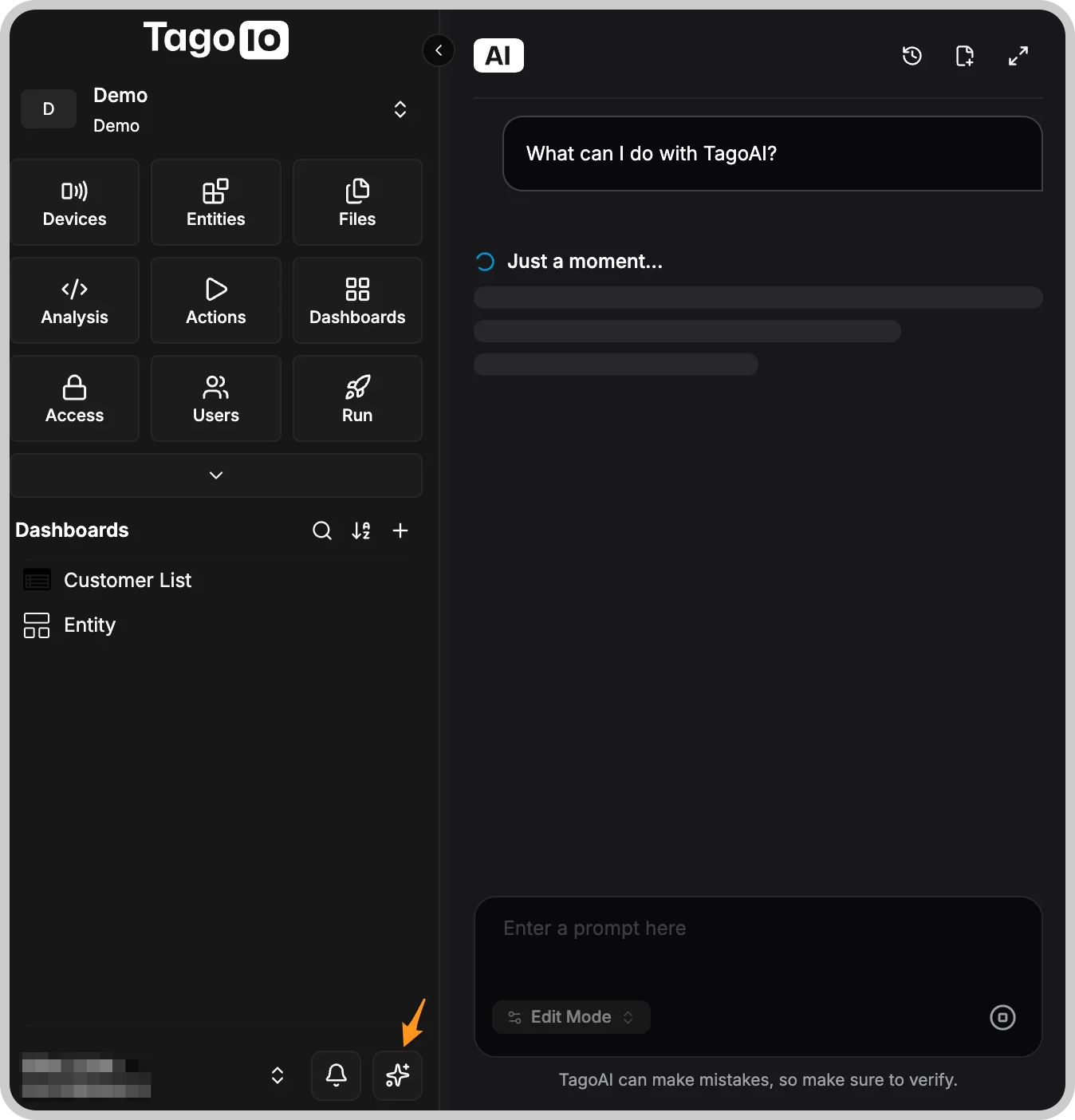 TagoAI main interface in the TagoIO Admin