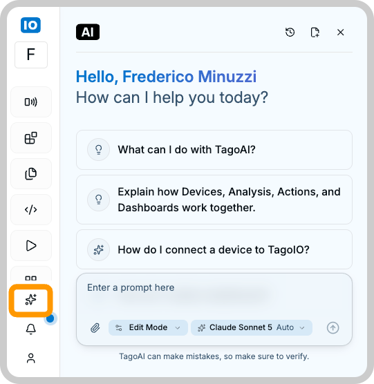 TagoAI panel opened from the star icon in the Admin sidebar