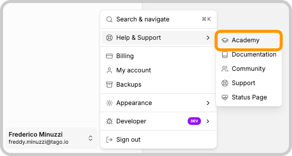Academy entry in the TagoIO Admin navigation menu
