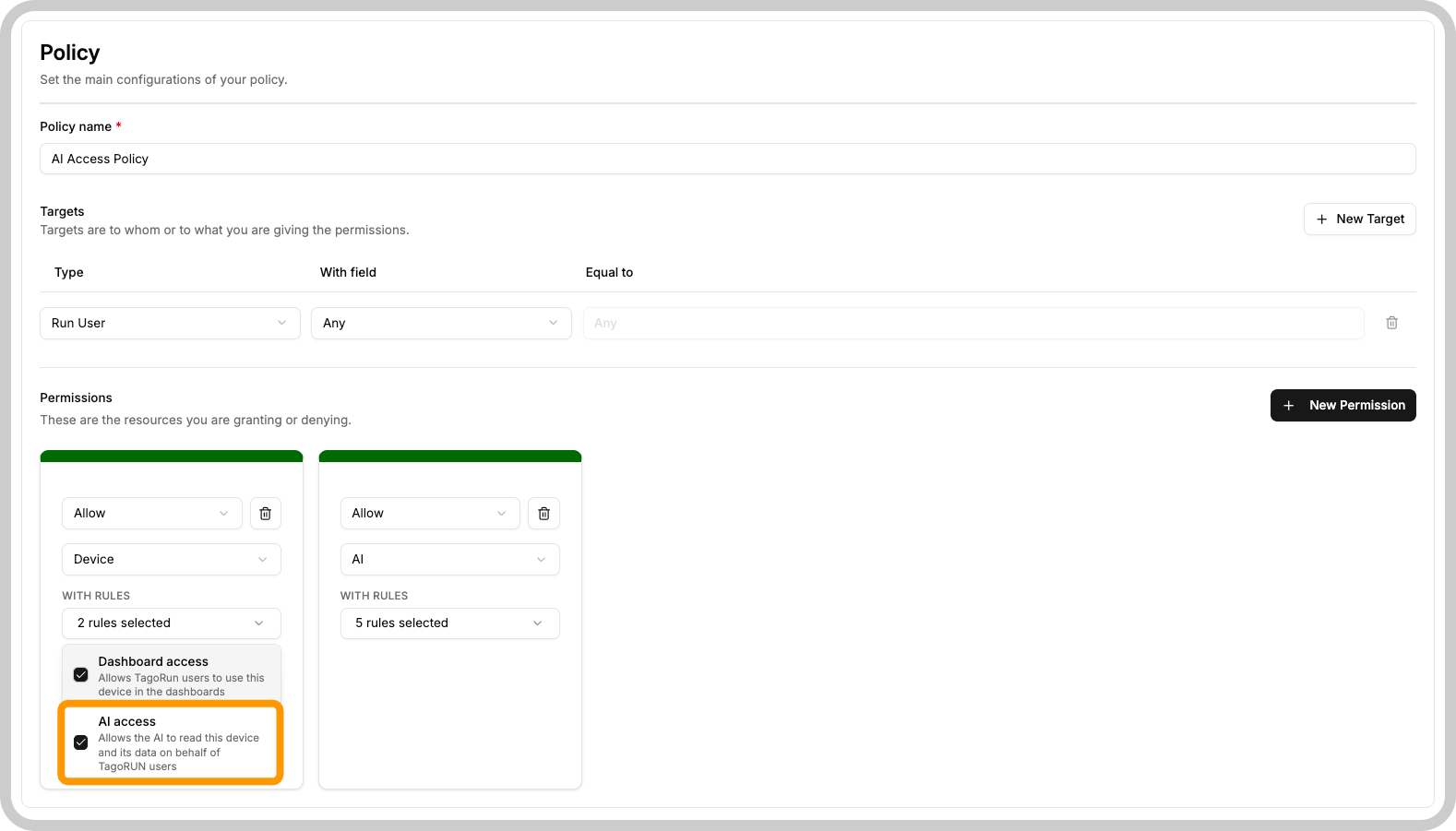 Access policy with an AI permission and a Device permission that has the AI access rule checked