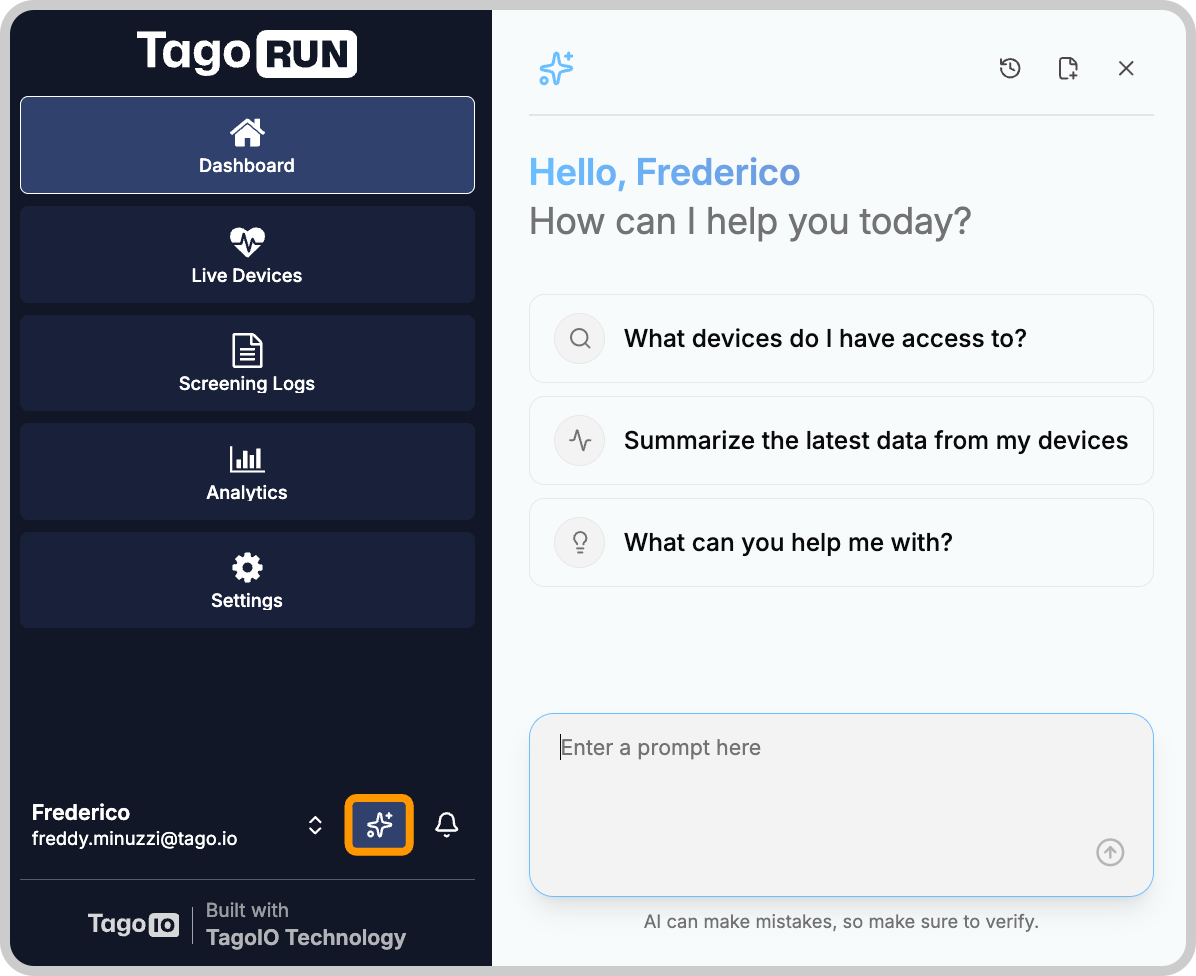 TagoRUN with the sidebar AI icon highlighted and the AI Chat panel open