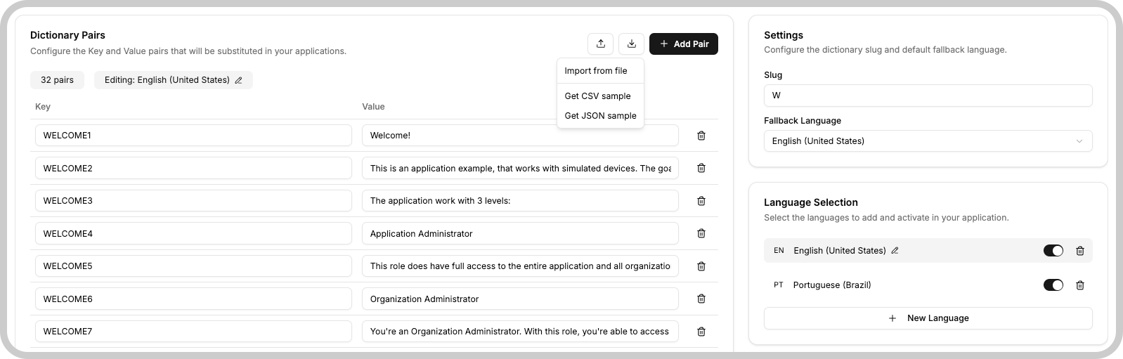Dictionary Pairs menu showing Import/Export options and sample downloads
