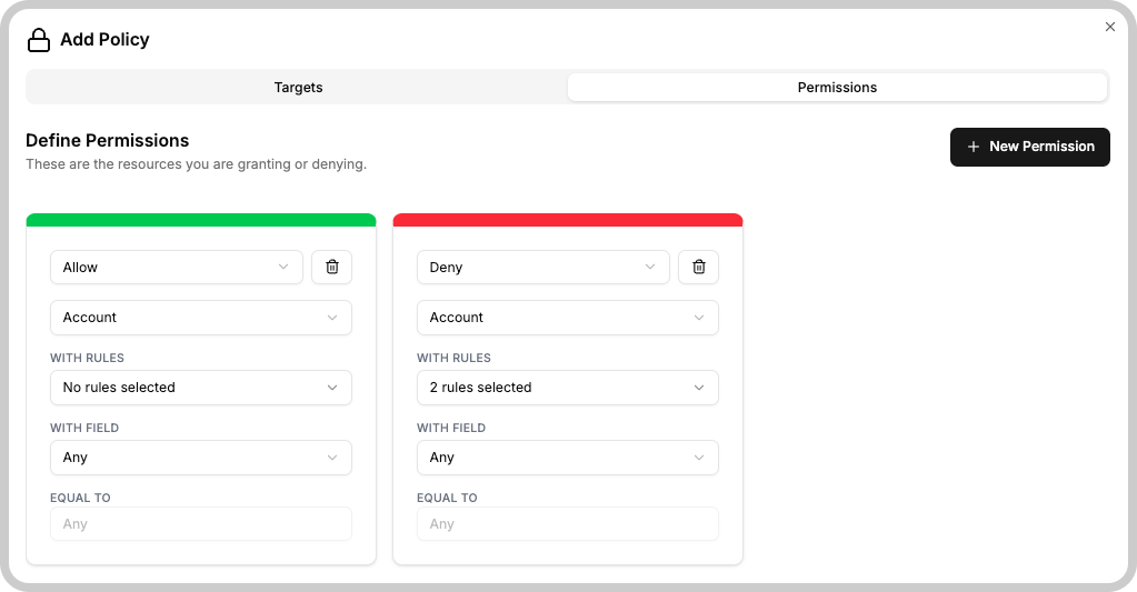 Permissions editor showing Targets and Permissions