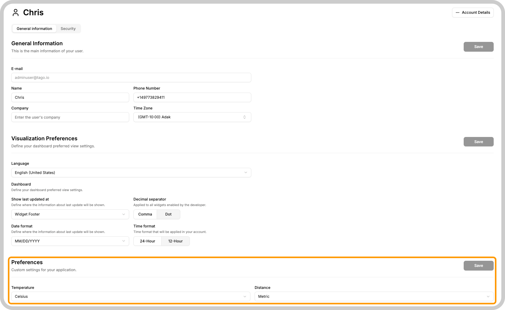 Custom Settings on TagoRUN portal