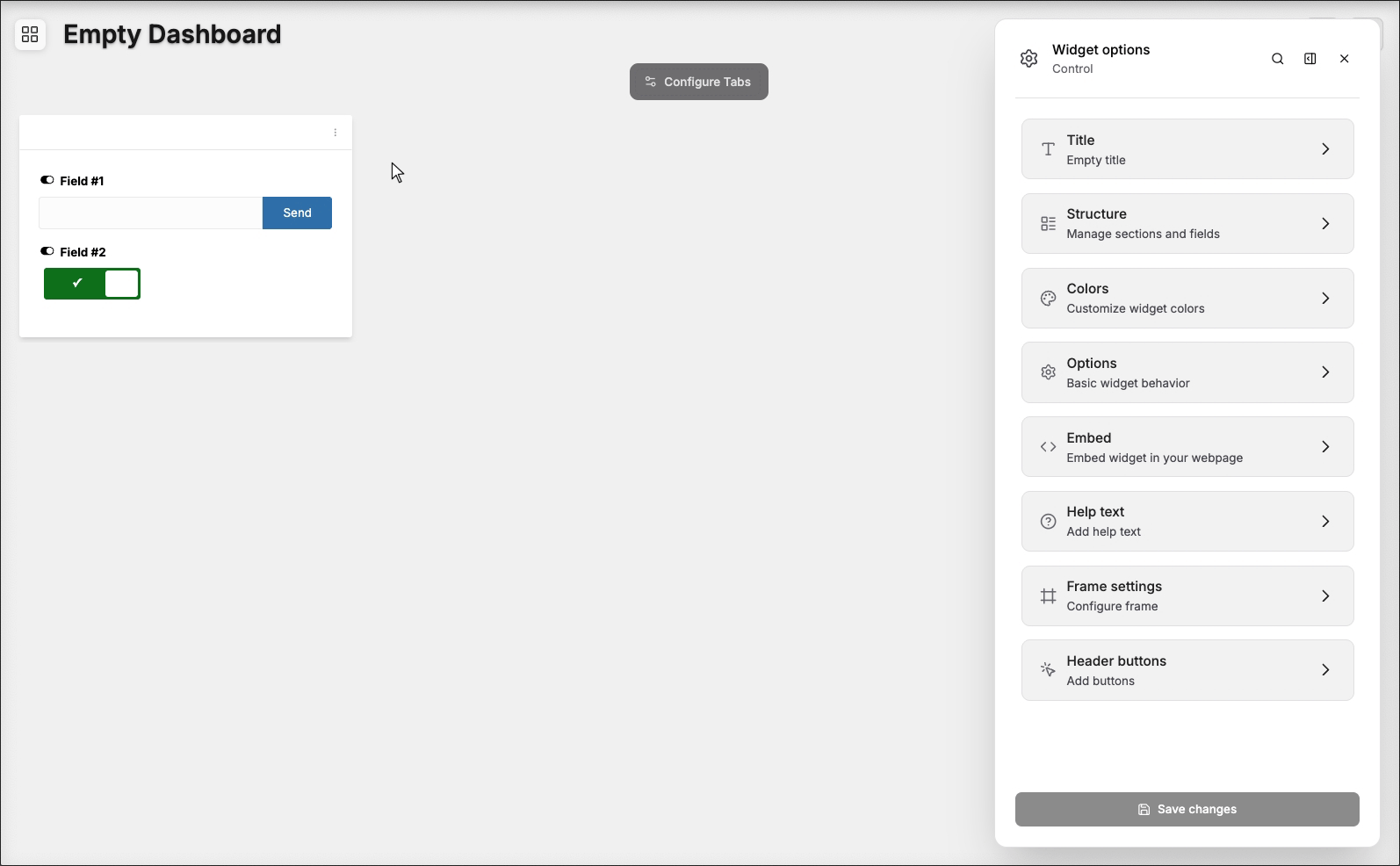 Input Control editor showing sections and fields
