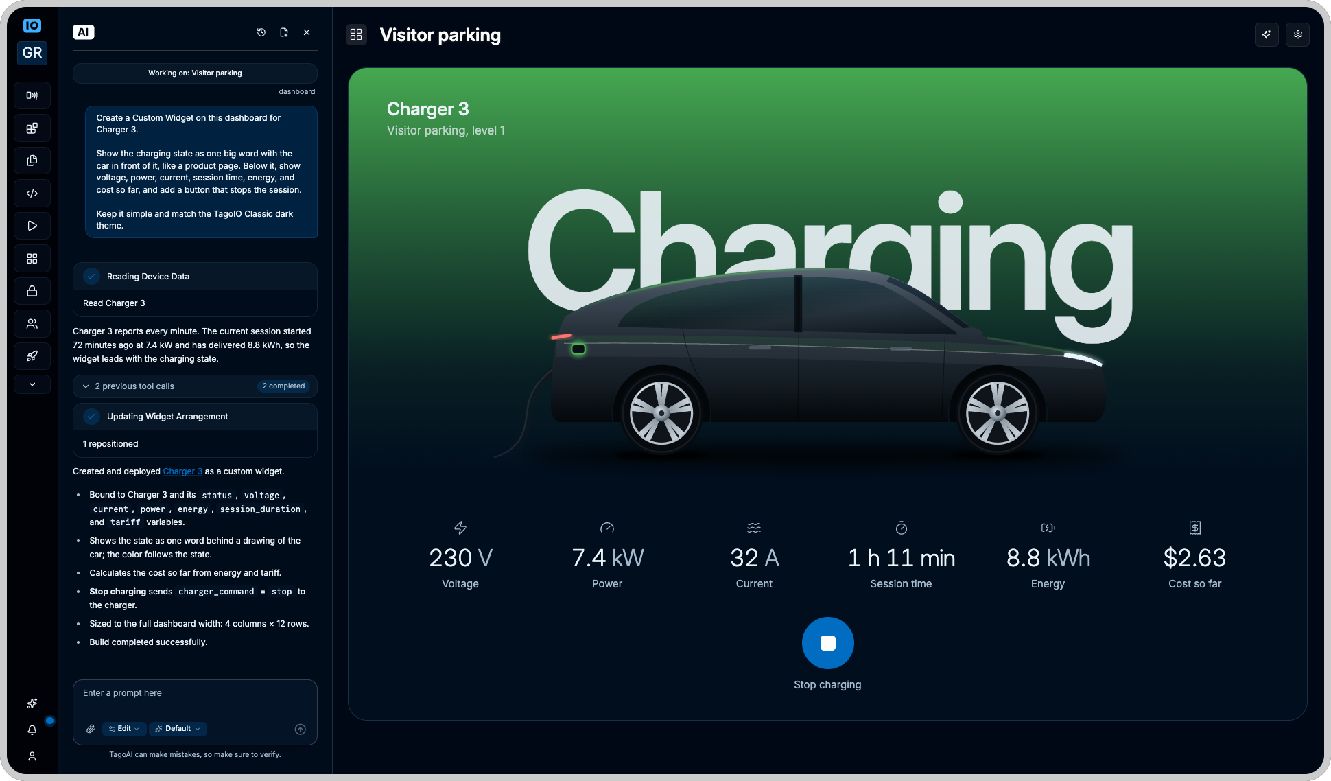 TagoAI chat panel beside the Visitor parking dashboard, where an EV charger Custom Widget shows Charging in large type over a car, six session stats, and a Stop charging button