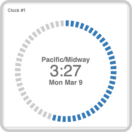 Clock widget example showing timezone, time, weekday, and a dotted-second ring