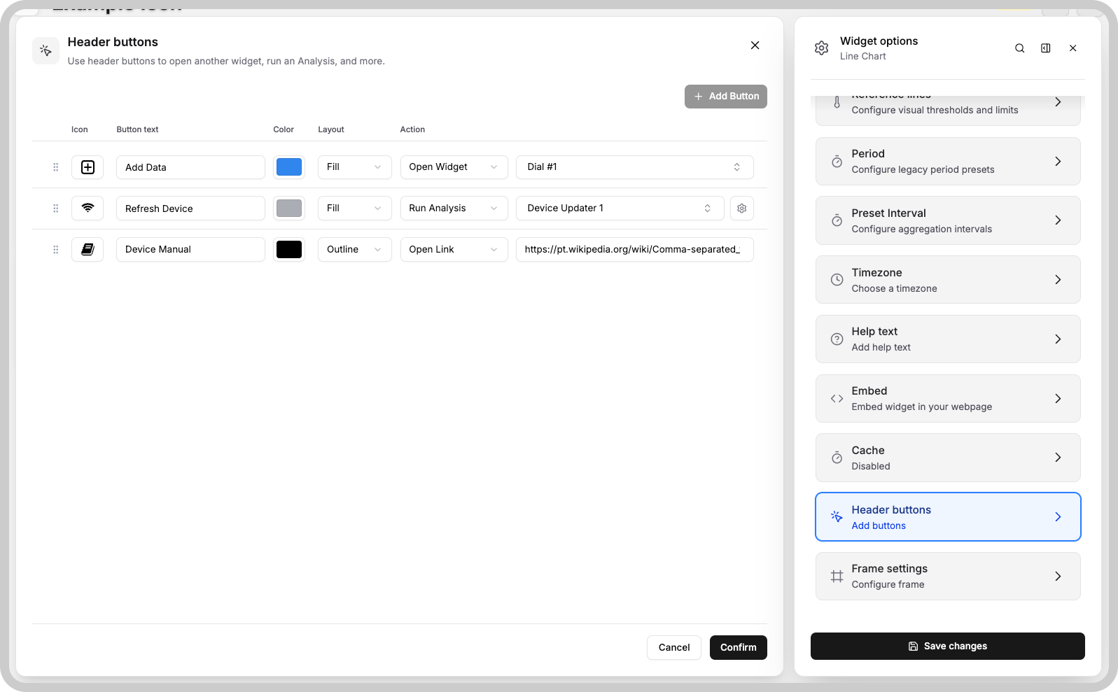 Header buttons configuration panel showing columns Icon, Button text, Color, Layout, When clicked, and Resource