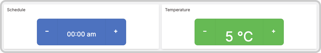Step Button examples showing time and temperature controls with labels "Button #1", "10:15 AM", "End of cycle", "-5 °C", "Set-point"