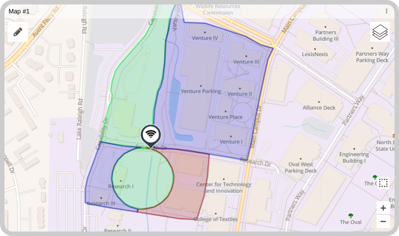 Map example showing colored geofences on a map