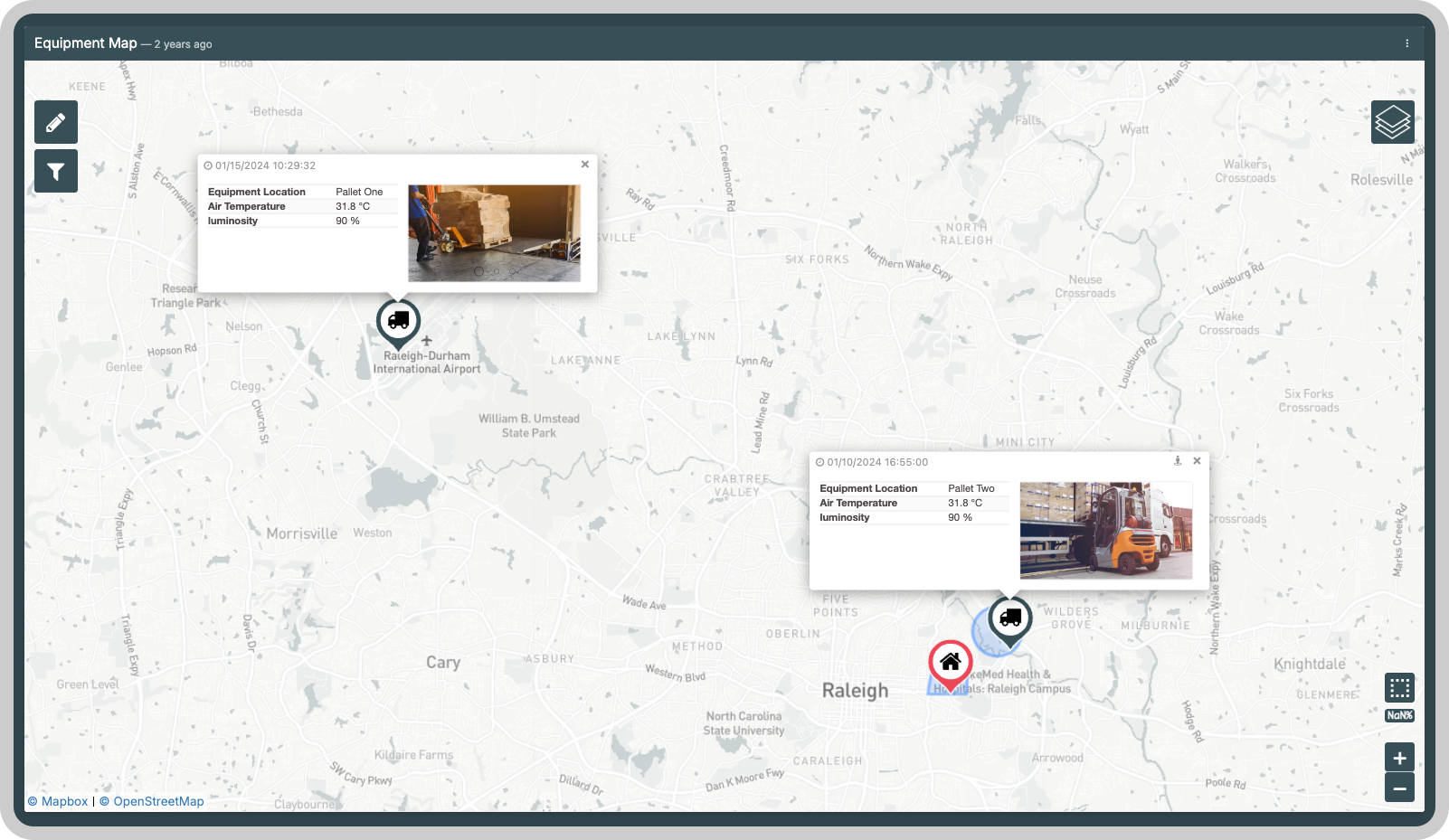 Map showing a pin popup with an image and a URL