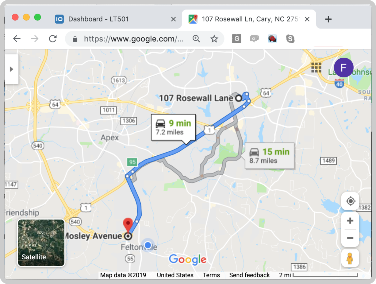 Map showing route and directions